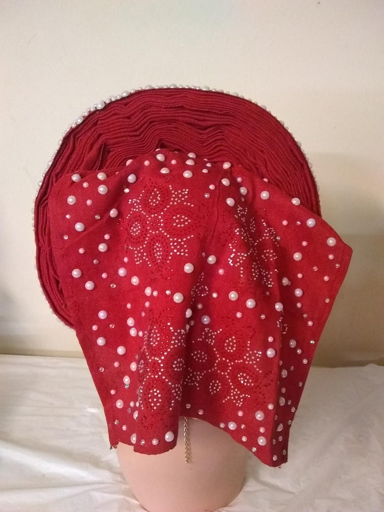 Fully stone shifting front Auto Gele loaded with stone and pearls - Ladybee Swiss Lace