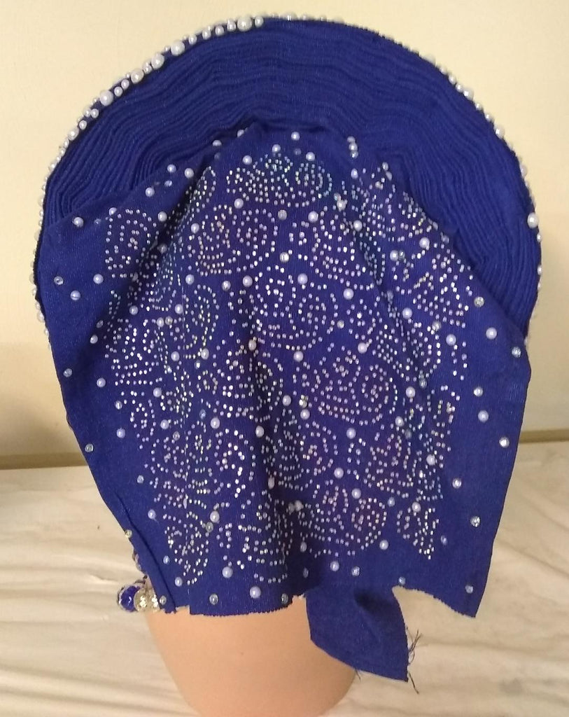 Fully stone shifting front Auto Gele loaded with stone and pearls - Ladybee Swiss Lace