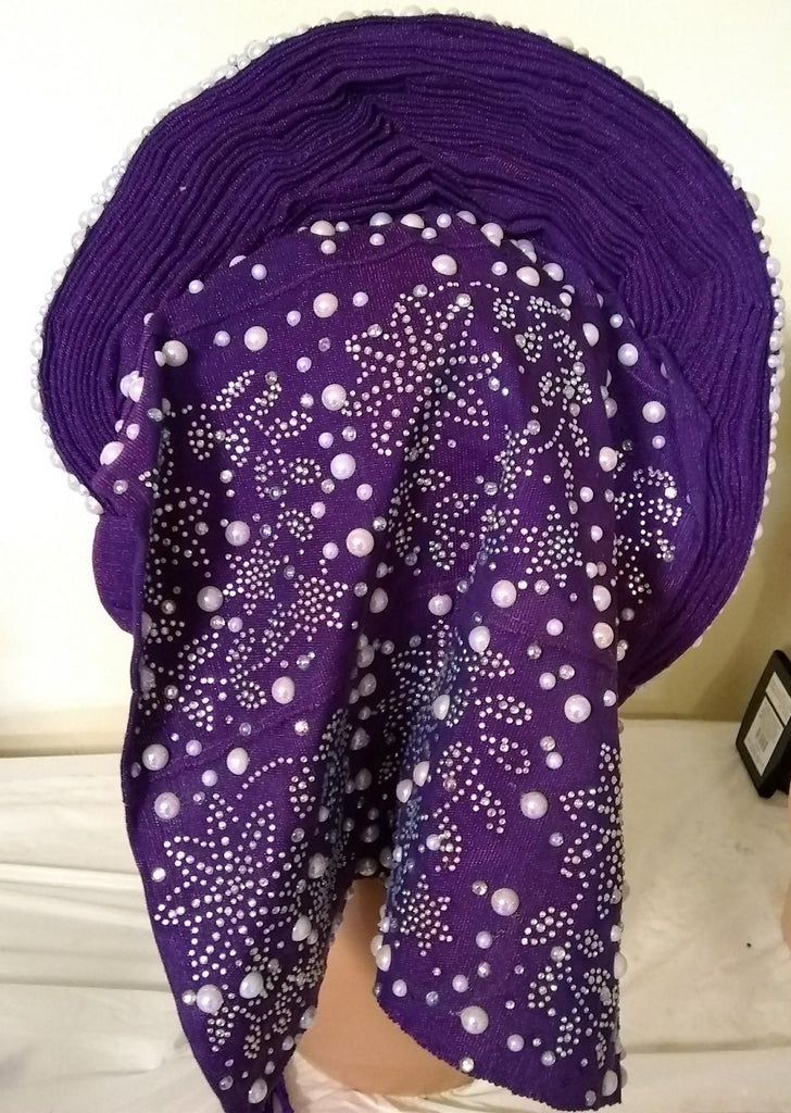 Fully stone shifting front Auto Gele loaded with stone and pearls - Ladybee Swiss Lace