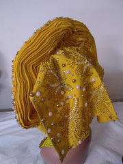 Fully stone shifting front Auto Gele loaded with stone and pearls - Ladybee Swiss Lace