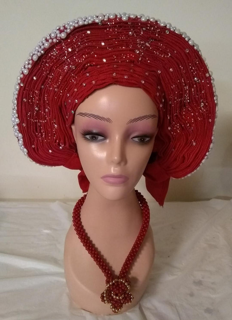 Fully stone shifting front Auto Gele loaded with stone and pearls - Ladybee Swiss Lace