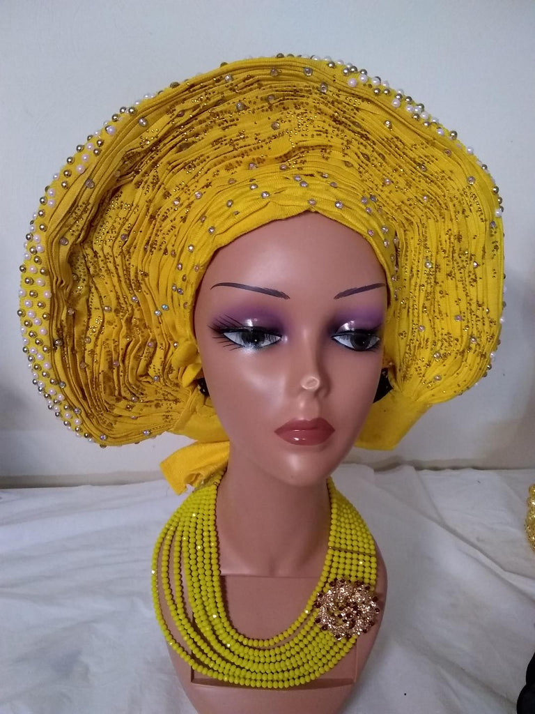 Fully stone shifting front Auto Gele loaded with stone and pearls - Ladybee Swiss Lace