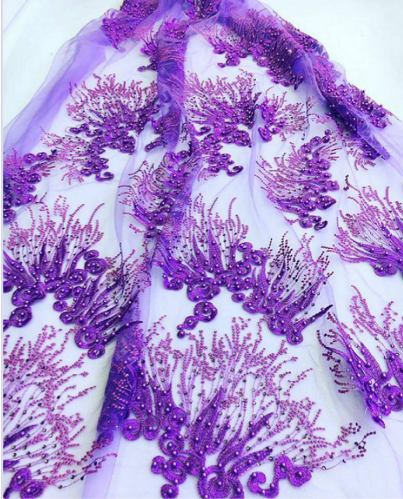 Beaded Purple Tulle Lace Fabric 1 - Ladybee Swiss Lace