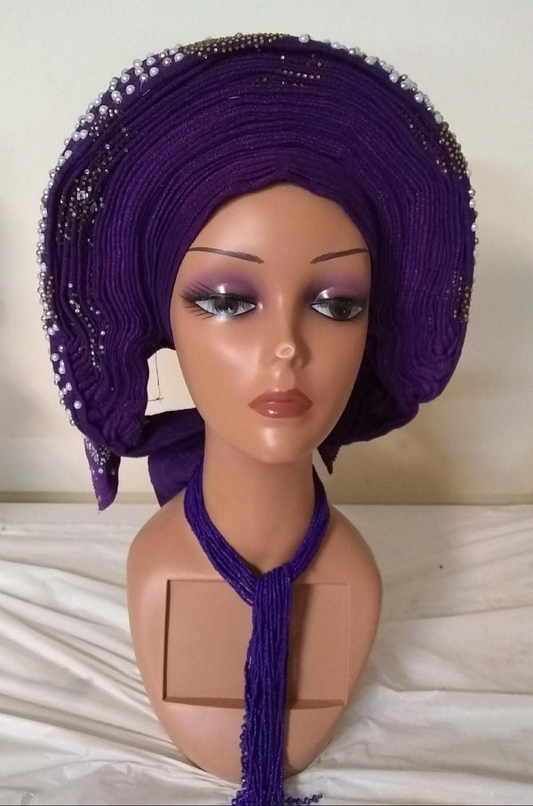 Ready -to wear Embellished with Pearls Headtie - Ladybee Swiss Lace