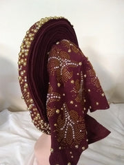 Ready -to wear Embellished with Pearls Headtie - Ladybee Swiss Lace