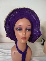 Ready -to wear Embellished with Pearls Headtie - Ladybee Swiss Lace
