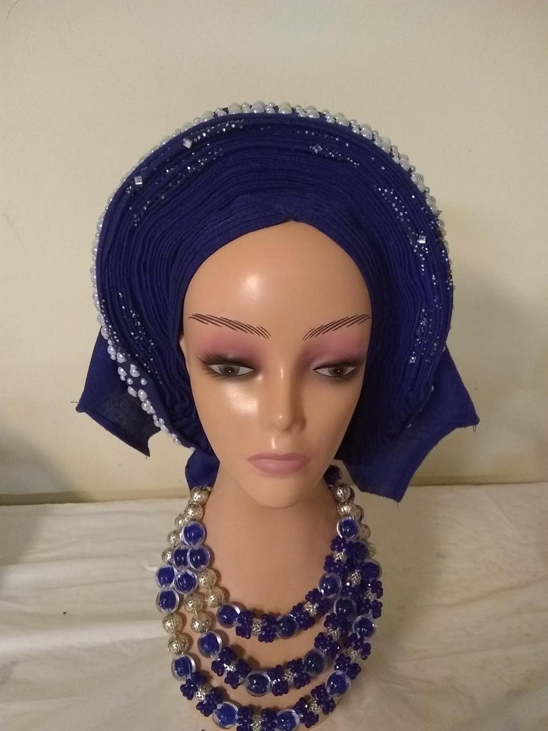 Ready -to wear Embellished with Pearls Headtie - Ladybee Swiss Lace