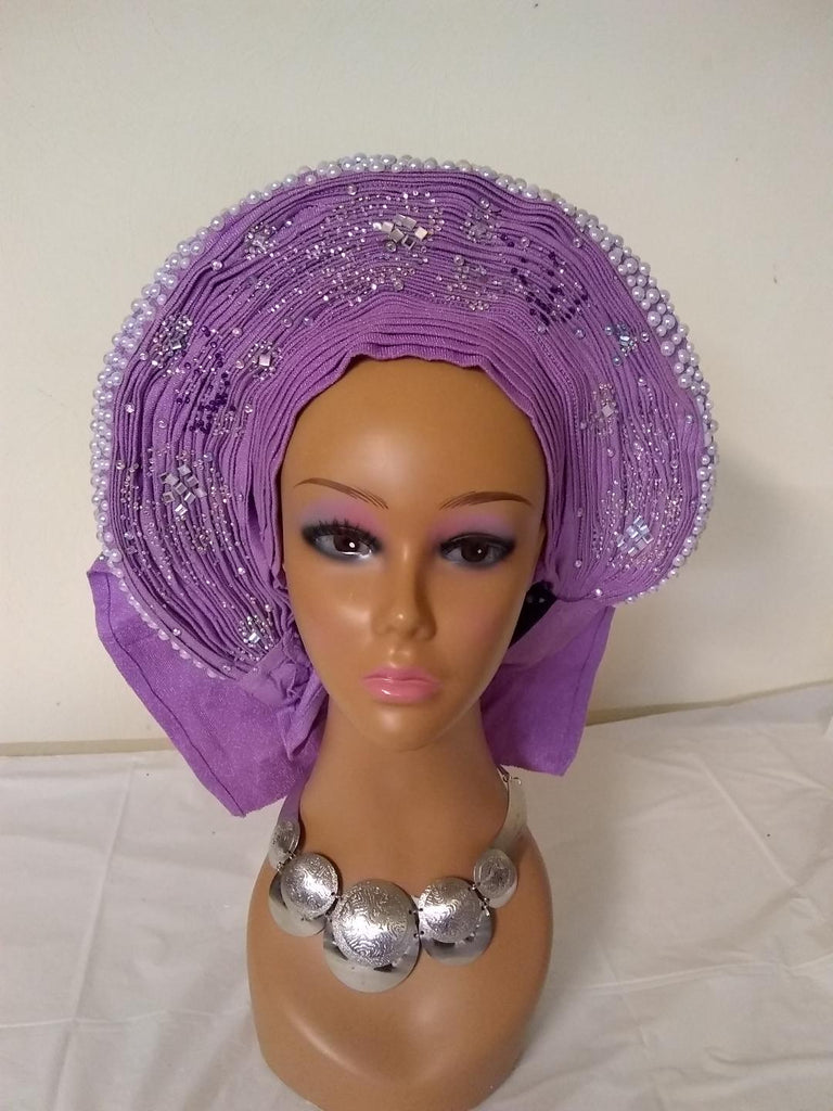 Elegant Auto Gele fully stone with beautify design at the back - Ladybee Swiss Lace