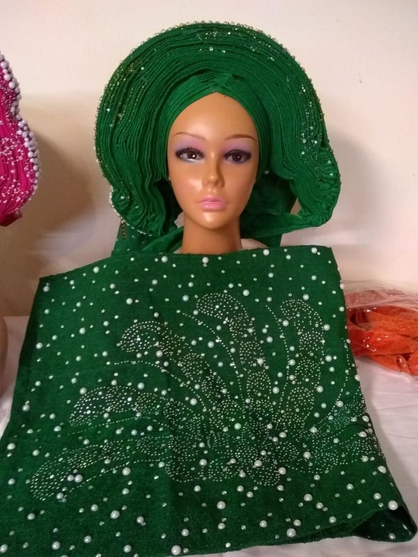 Green Auto Gele and Ipele  Aso Oke headgear - Ladybee Swiss Lace