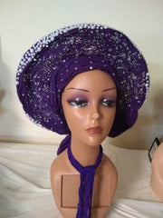 Fully stone shifting front Auto Gele loaded with stone and pearls - Ladybee Swiss Lace