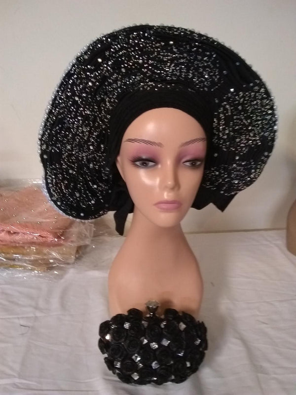 Beautiful Black Auto Gele head tie - Ladybee Swiss Lace