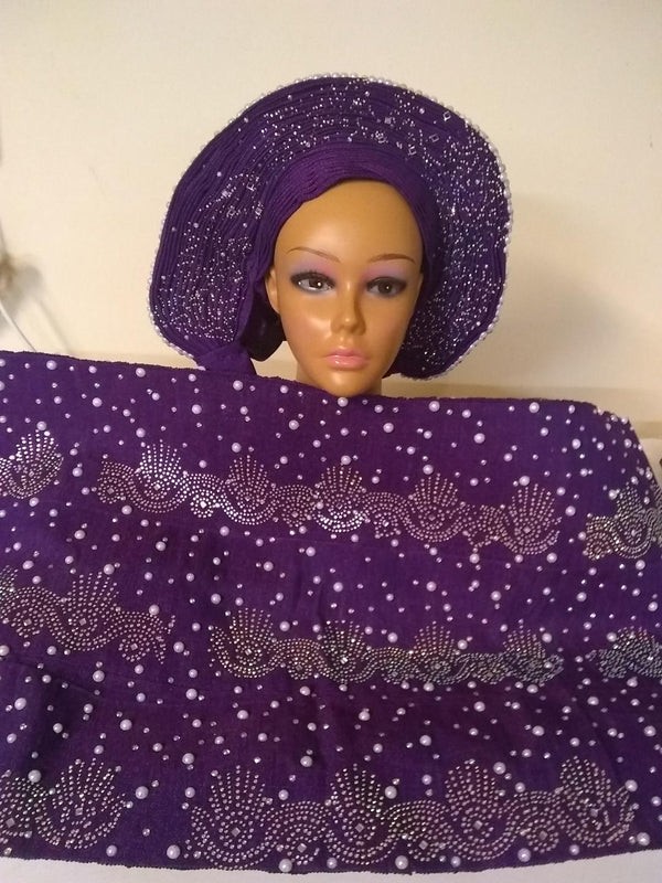 Gorgeous Fully Stones Auto Gele & Ipele Set - Ladybee Swiss Lace