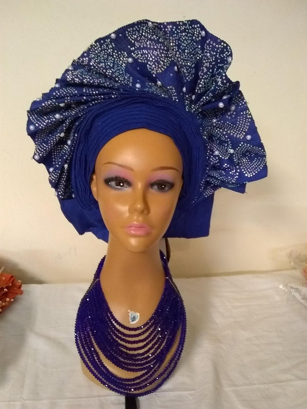 ROYAL BLUE FAN ALREADY MADE HEAD TIE - Ladybee Swiss Lace