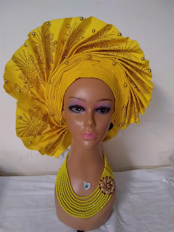 YELLOW  FAN ALREADY MADE HEAD TIE - Ladybee Swiss Lace