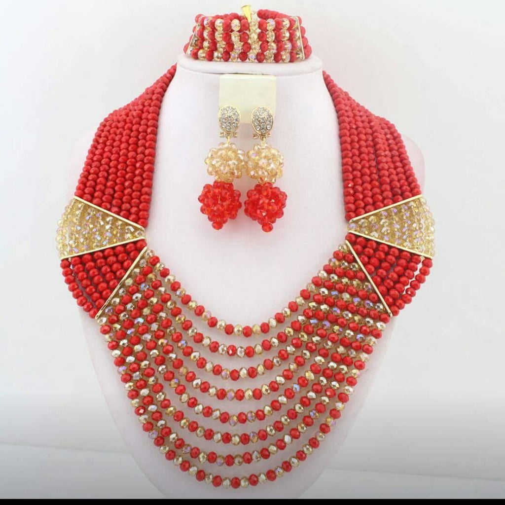 Red & Gold Beads Jewelry Set - Ladybee Swiss Lace