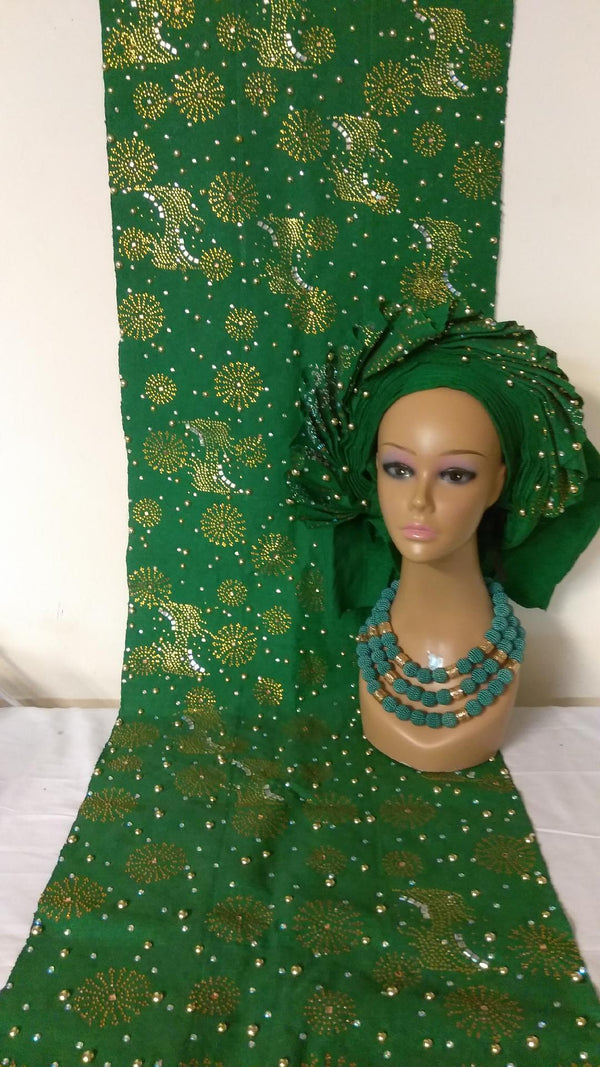 GREEN AUTO HEAD TIE WITH SHOULDER SHAWL - Ladybee Swiss Lace