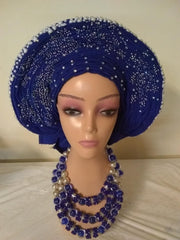 Fully stone shifting front Auto Gele loaded with stone and pearls - Ladybee Swiss Lace