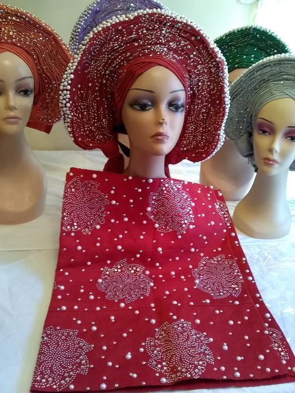 Beautiful Complete Set Fully Stones  Red Auto Gele & Ipele - Ladybee Swiss Lace