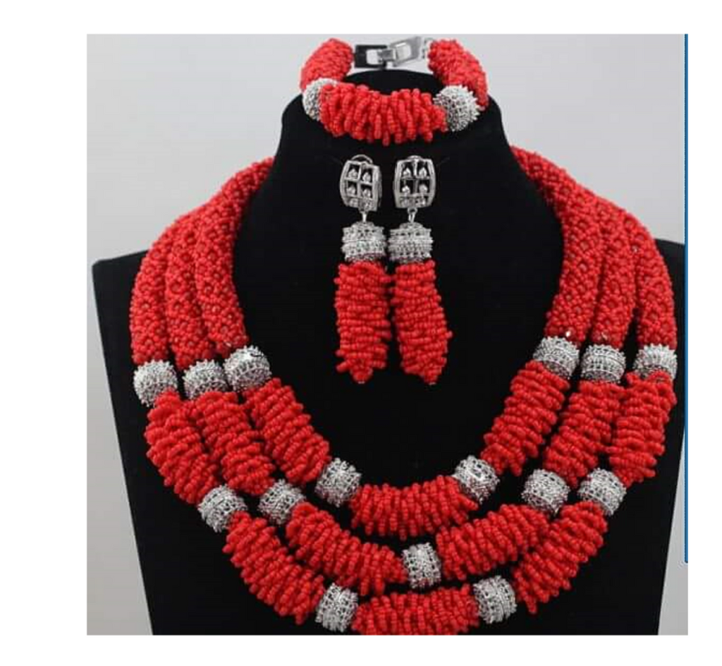 Silver & Red Beads Jewelry Set - Ladybee Swiss Lace